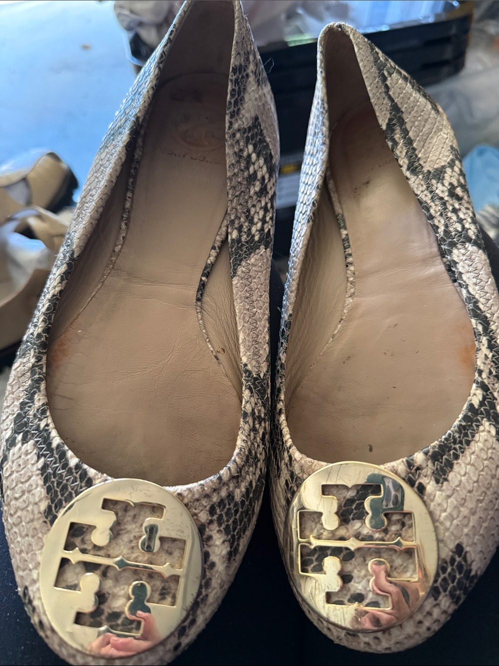 Tory Burch Snake-Print Reva Flats with Gold Logo